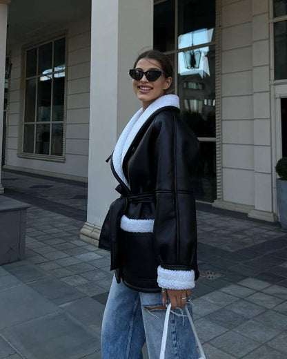 SELENA™  | Manteau Long en Cuir et Fourrure Élégant